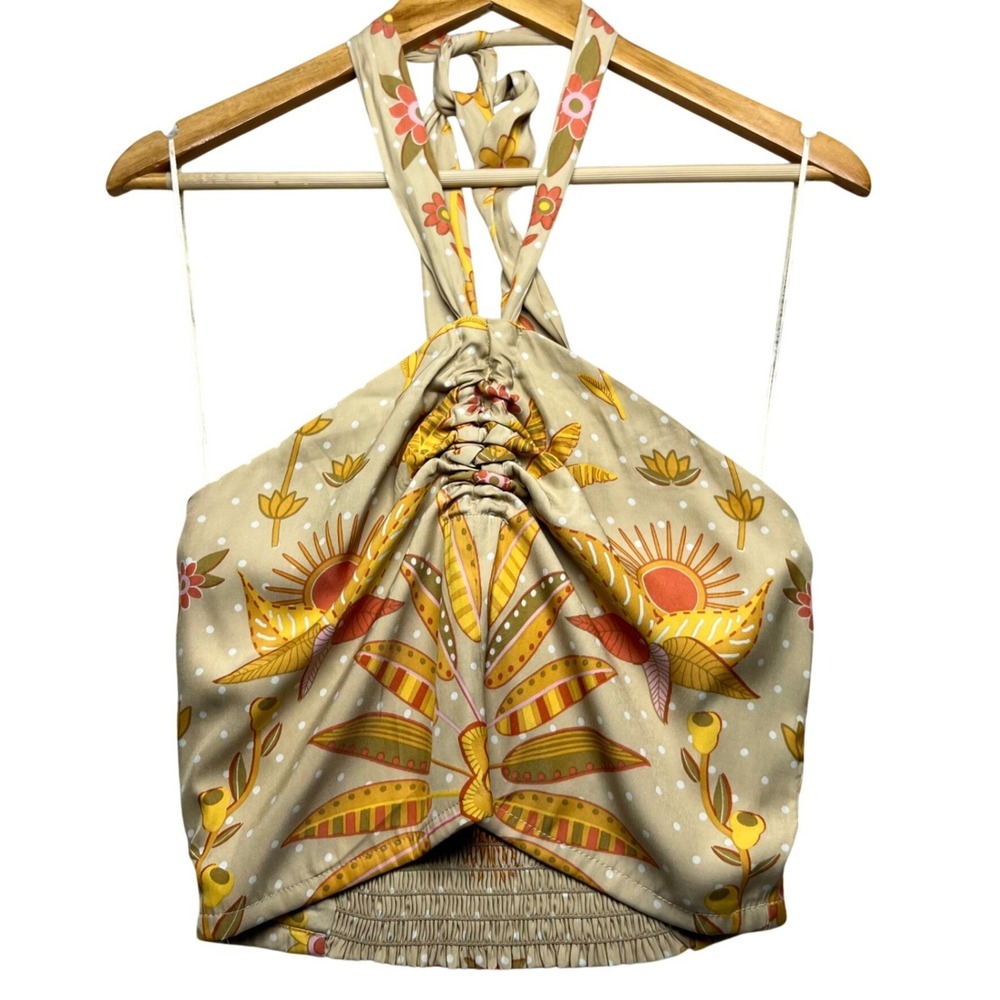 Rose & Olive Beige Floral Halter Crop Top with Yellow and Pink Accents